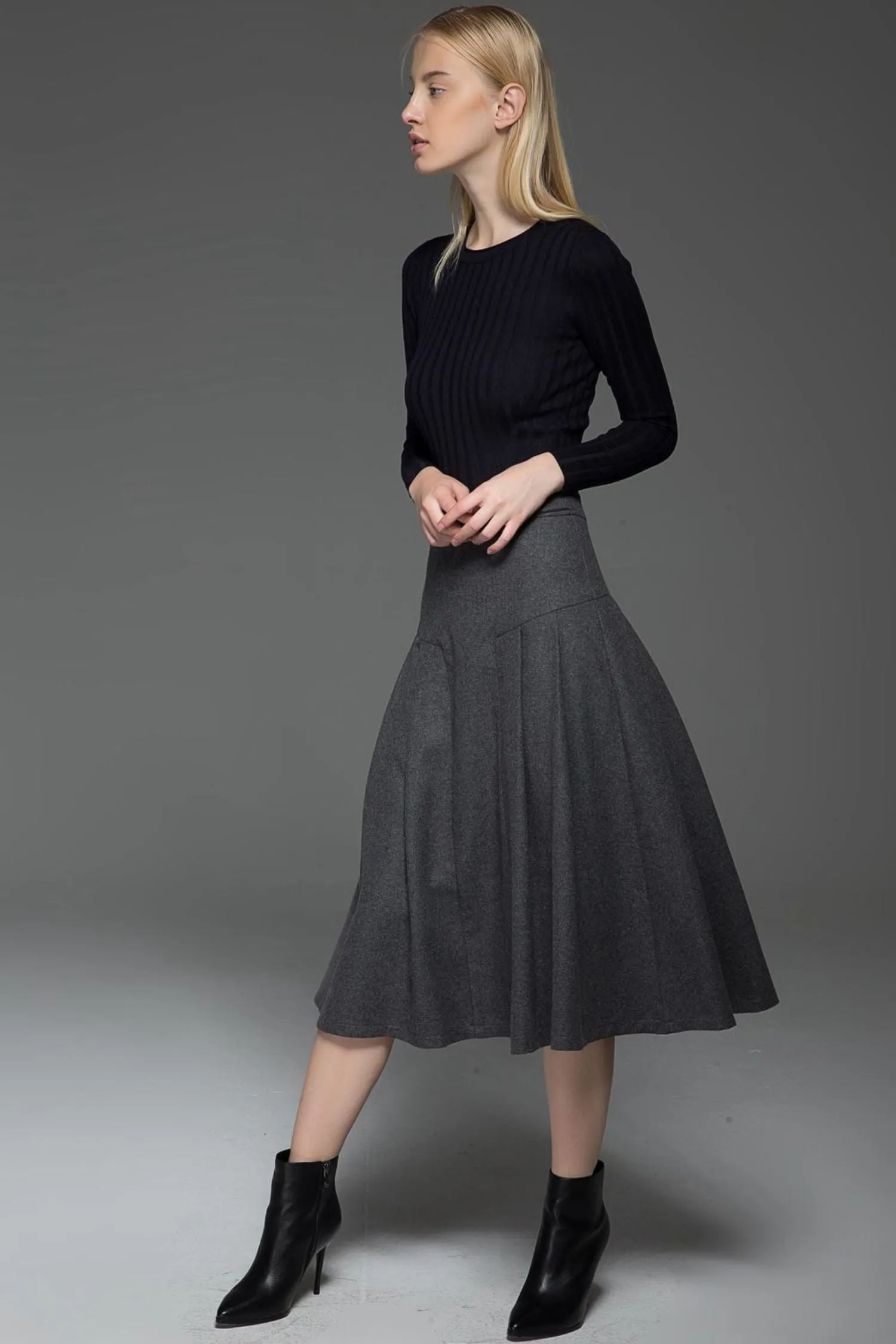 A line gray winter warm wool skirt  C772