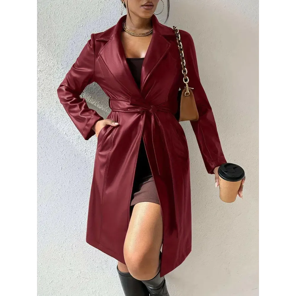 Chic Tied PU Leather Trench Coat in Timeless Luxury Fashion for Women