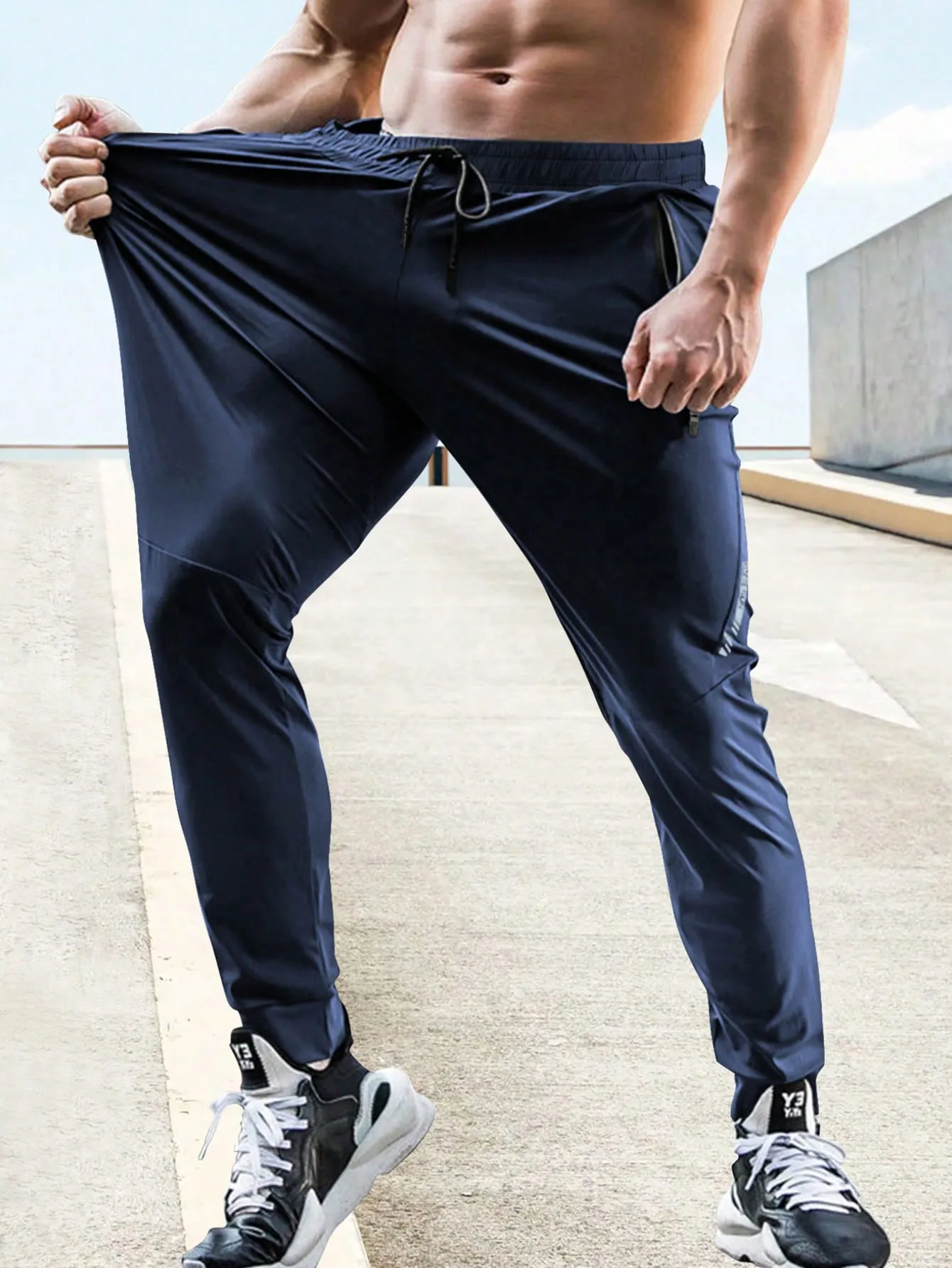 Drawstring Waist Zipper Pocket Sports Trousers
