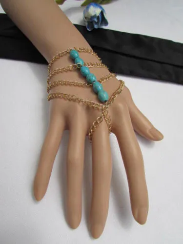Gold Chains Bracelet Hand Chain Multi Strands Sky Blue & Red Six Big Beads Chunky Style Accessories