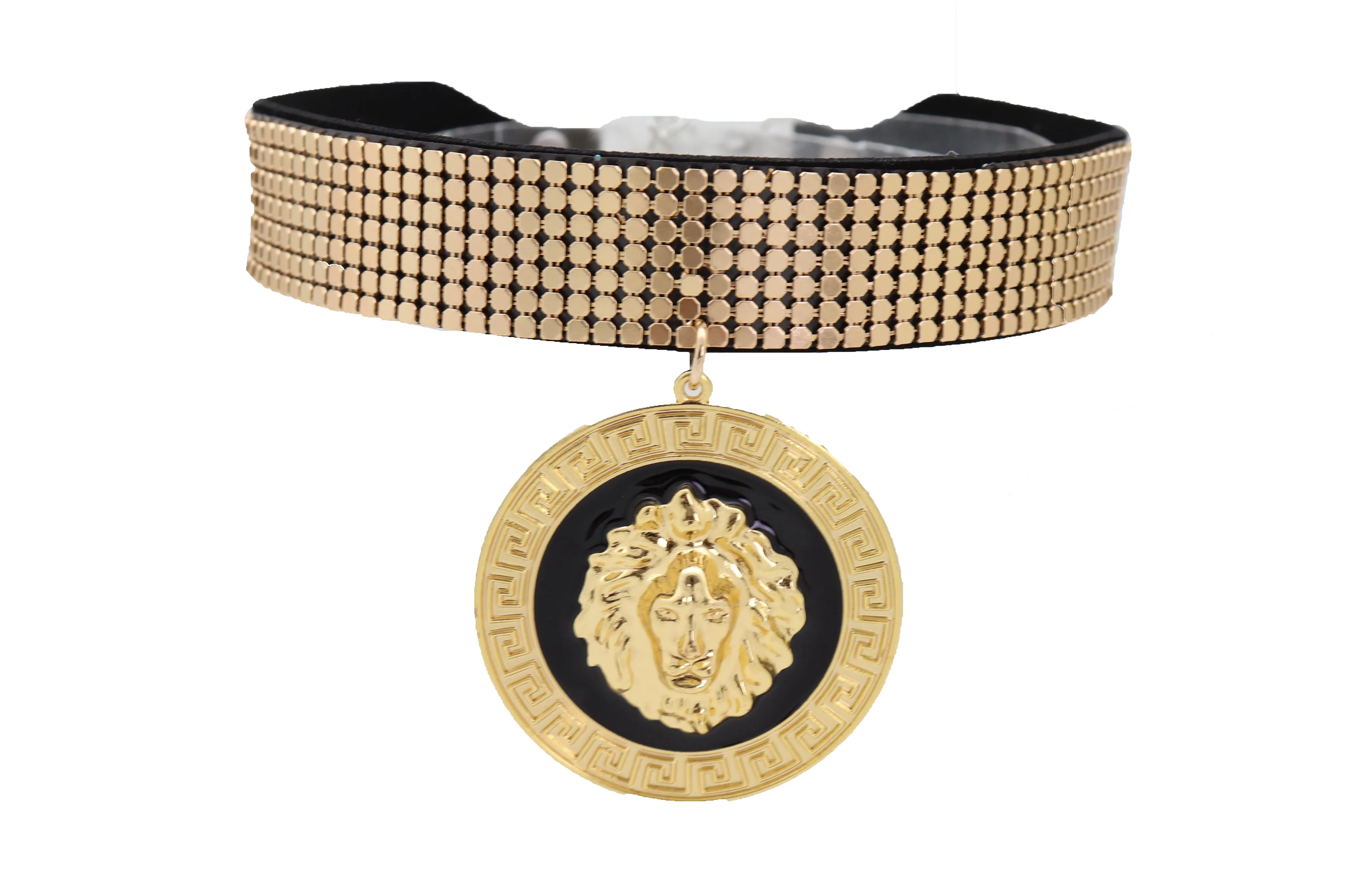 Gold Mesh Choker with Large Lion Medallion