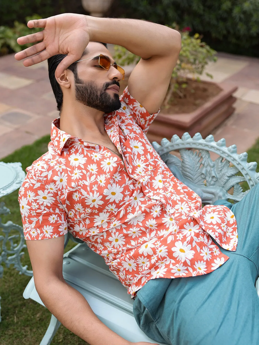 Men's Floral Print Pure Cotton Orange Casual Shirt
